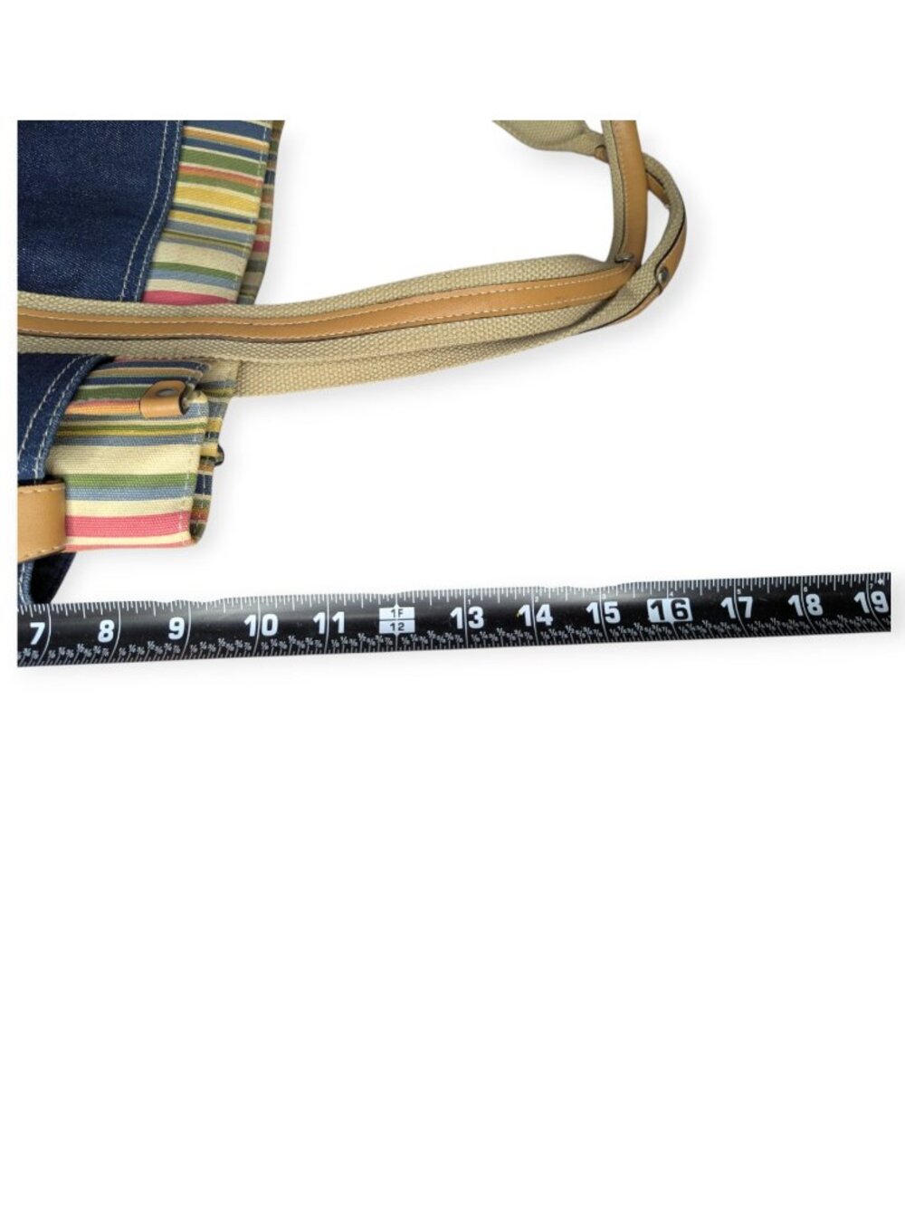 Denim & Tan Cotton Canvas Tote Multi-Stripe Trim Double Hand1es 3" x 9" x 5.5" - Picture 15 of 15